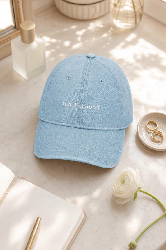 Motherhood Denim Hat Embroidered Minimalist Mom Cap Mothers Day detail
