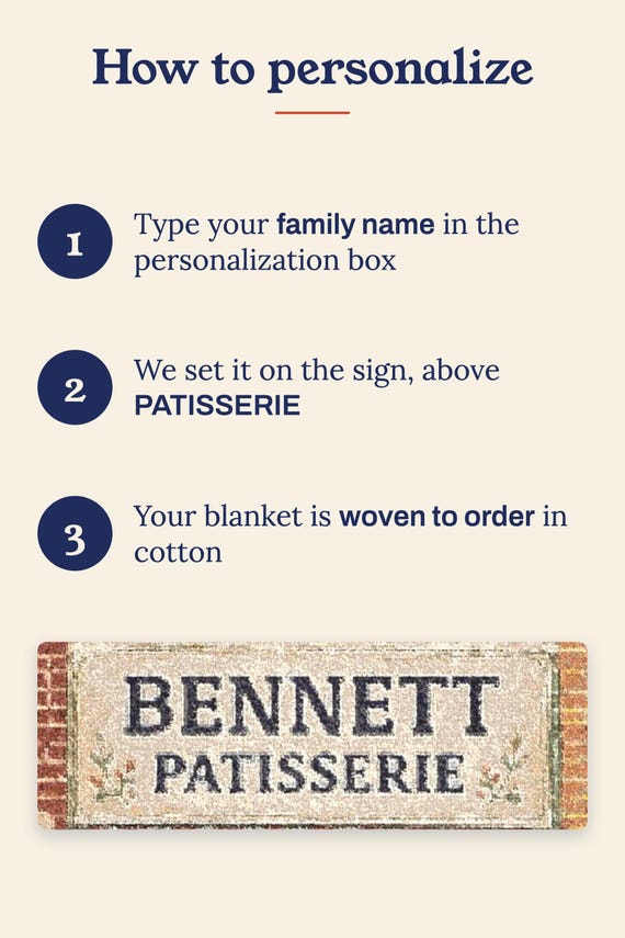 Family Name Blanket: Personalized Woven Cotton Jacquard Throw, Snowy Village Christmas Patisserie, Fringed 50x60 detail