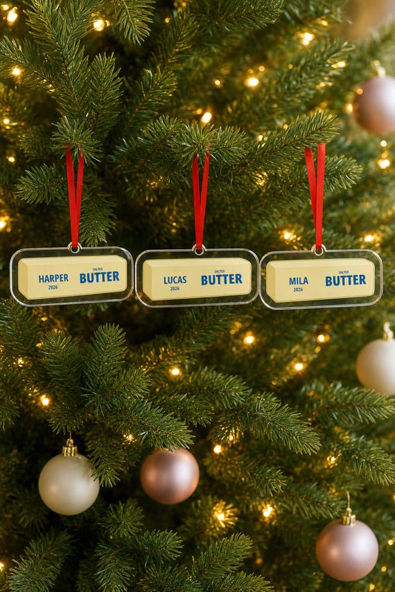 Butter Ornament Personalized: Squishy Salted Stick, Custom Name Cut Acrylic, Sibling Set detail
