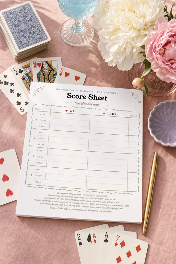 Canasta Score Pad: Personalized Notepad, 2 Sizes, Tear Off Pages, Garden Party Floral detail