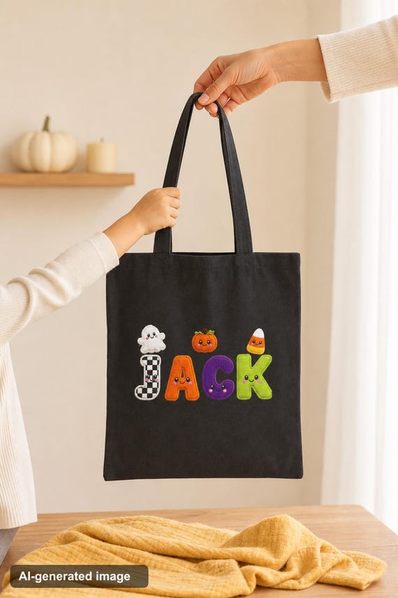 Personalized Halloween Trick or Treat Bag Custom Name Kids Candy Tote Cute Ghost Pumpkin Canvas Bag for Toddler Boy Girl Halloween Gift detail