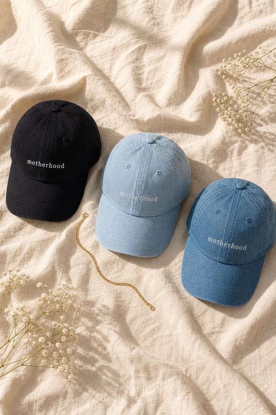 Motherhood Denim Hat Embroidered Minimalist Mom Cap Mothers Day detail