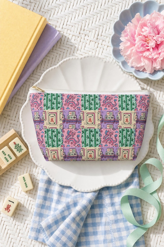 Mahjong Tile Bag Canvas Cosmetic Pouch Fits Full Set Preppy Y2K Game Night Travel detail