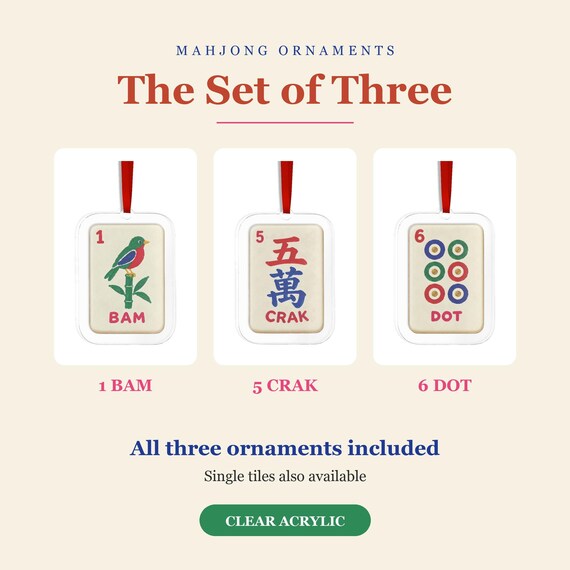Mahjong Ornament Set of 3: Bam Crak Dot Tiles, Clear Acrylic Christmas Tree Decor detail