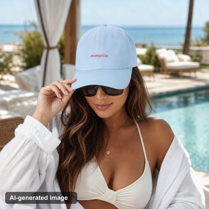 Woman wearing light blue mamacita hat by poolside in vacation setting with sunglasses and swimwear