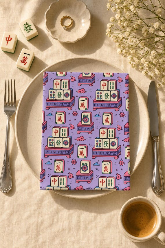 Mahjong Cocktail Napkins Set of 4 Tile Print Cotton Table Decor detail