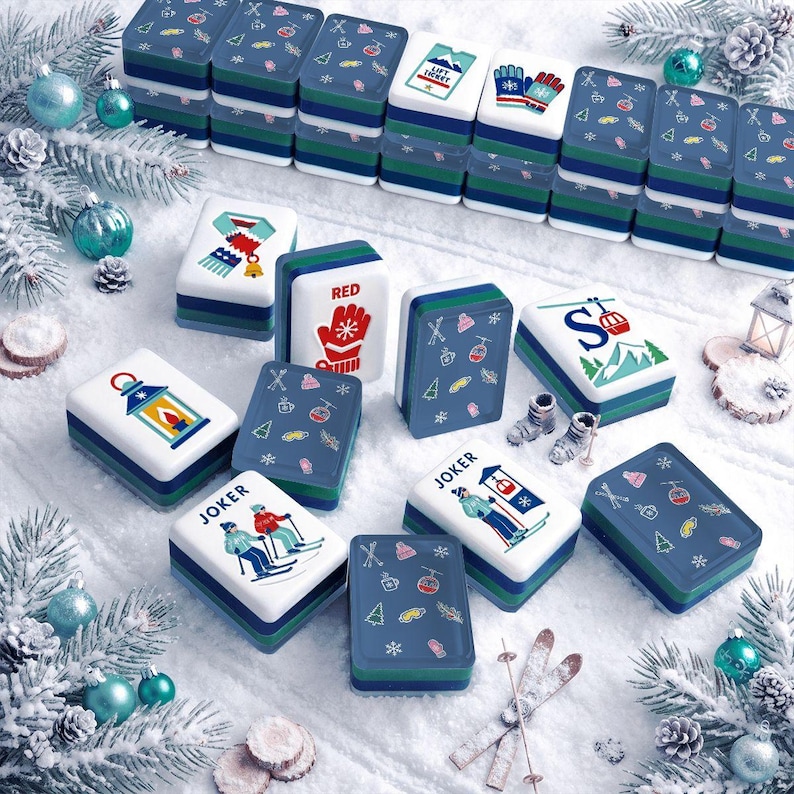 Ski Mahjong Tiles: Mah Jongg Set, Winter Chalet Style, 4 Layer Acrylic, 160 Pieces