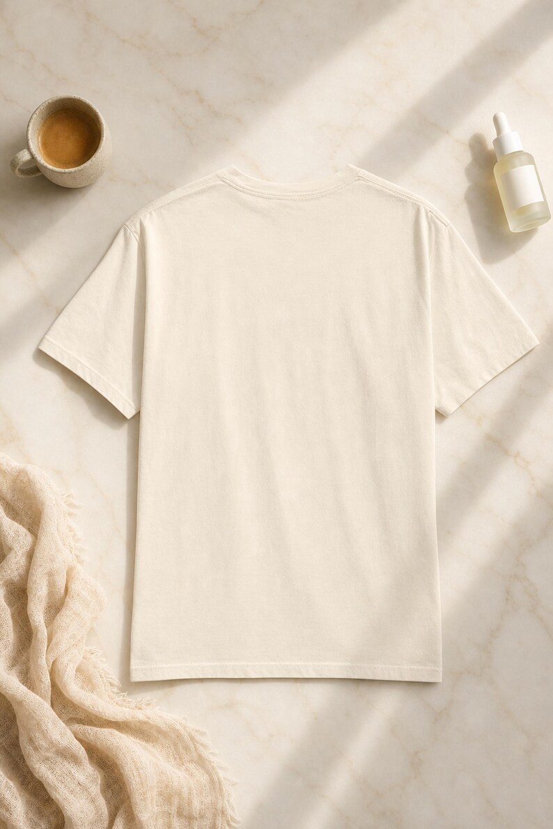 'Eat Sleep Bunco Repeat' bunco dice graphic tee back view flat lay on pale marble — bunco lifestyle gift tee back print detail in a clean editorial wellness scene.