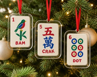 Mahjong Ornament Set of 3: Bam Crak Dot Tiles, Clear Acrylic Christmas Tree Decor