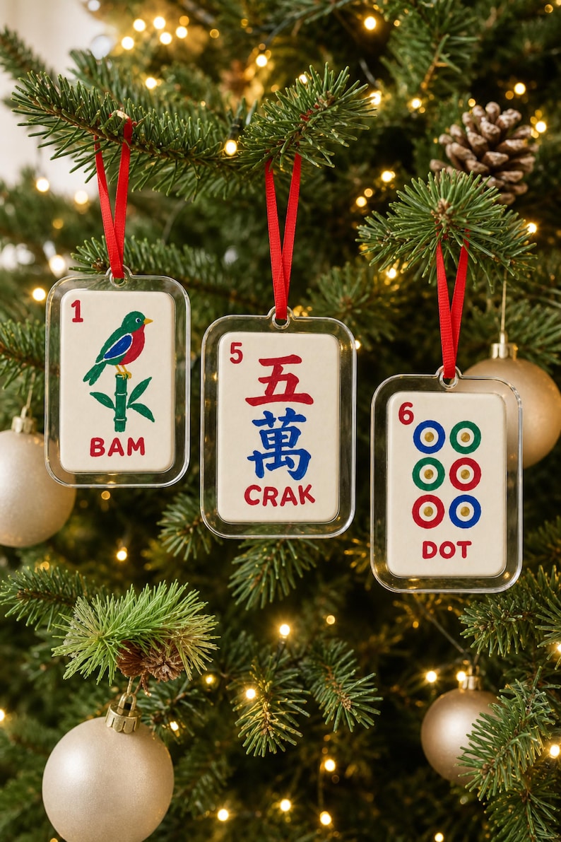 Mahjong Ornament Set of 3: Bam Crak Dot Tiles, Clear Acrylic Christmas Tree Decor