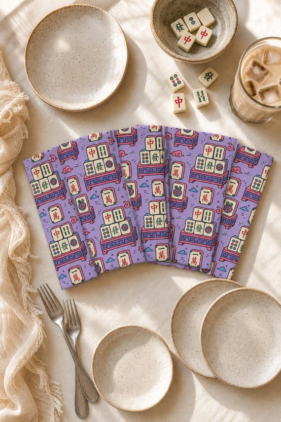 Mahjong Cocktail Napkins Set of 4 Tile Print Cotton Table Decor detail