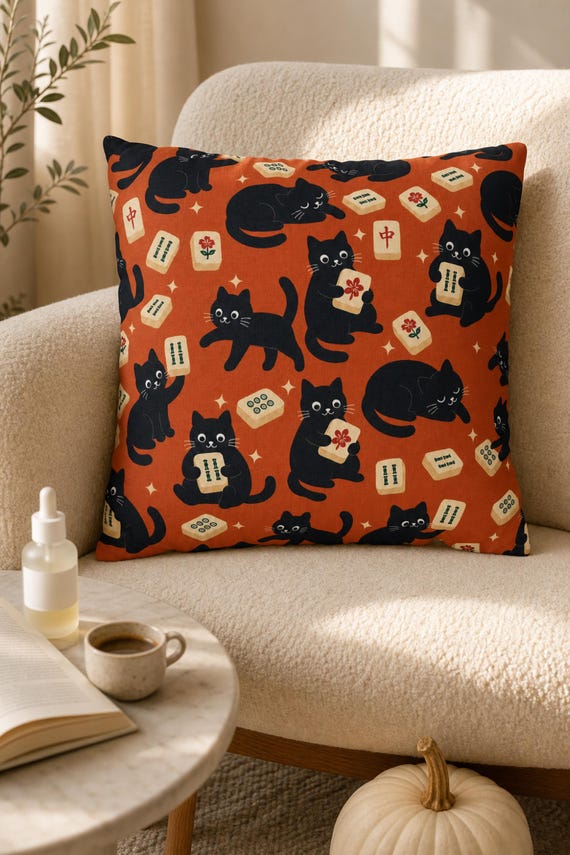 Halloween Mahjong Pillow Cover Black Cat Throw Pillow Case Spooky Cute Game Night Decor Fall Couch Pillowcase Mahjongg Player Gift detail