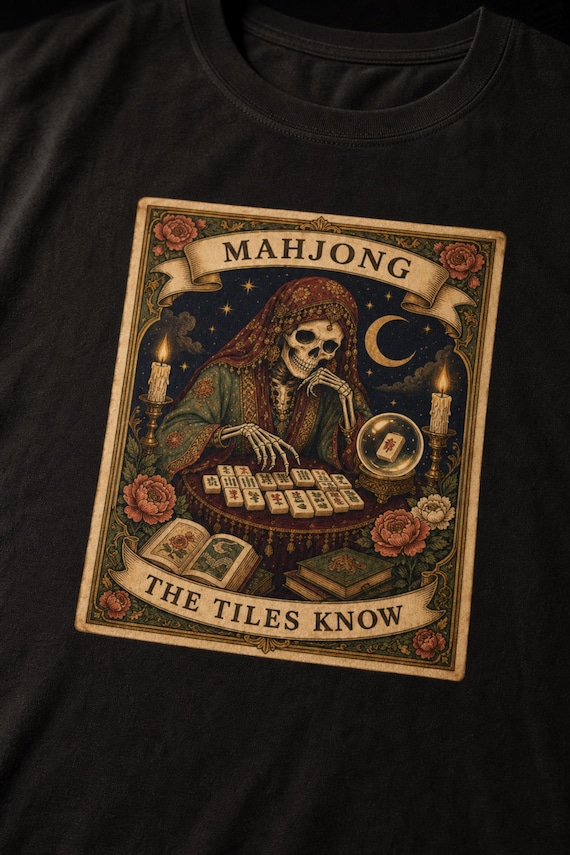 Mahjong Tarot Card Shirt The Tiles Know Skeleton Fortune Teller Comfort Colors Garment Dyed Tee Halloween Game Night Gift detail
