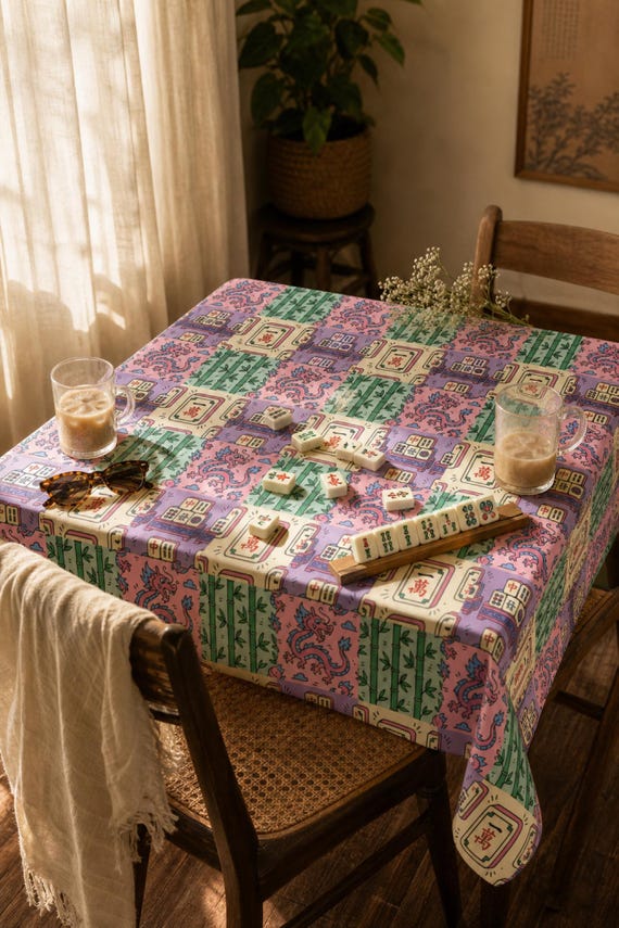 Mahjong Tablecloth Square Tile Print Table Cover Game Night Hostess detail