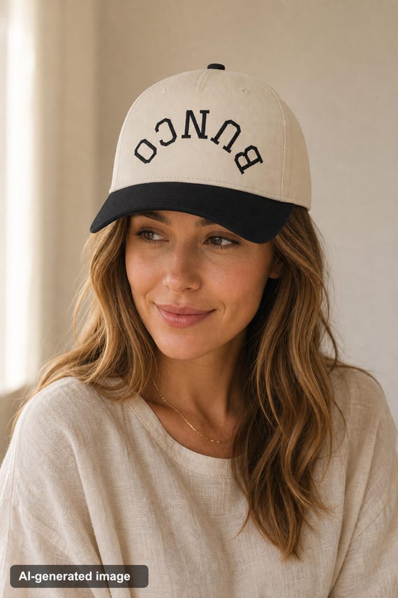Bunco Hat Varsity Arch Embroidered Cap Ladies Game Night Two Tone Baseball detail