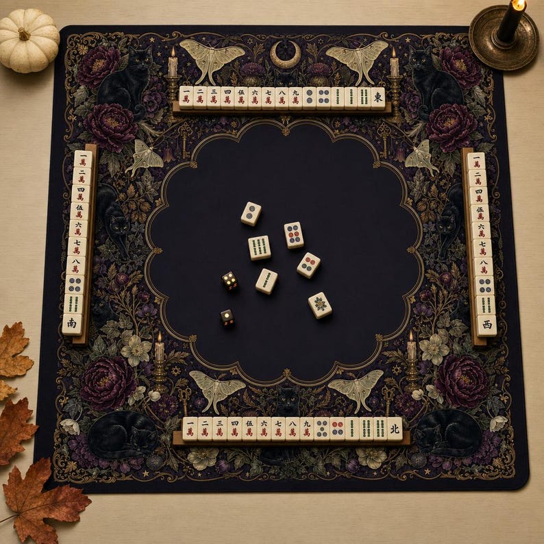 Halloween Mahjong Mat: Black Cat Gothic Botanical Neoprene, 3 Sizes with Storage Bag