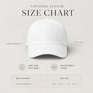 Dad hat size chart showing circumference 20.8–24.8 inches with adjustable strap, one size fits most