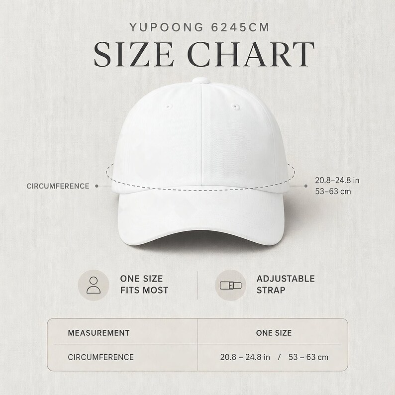 Dad hat size chart showing circumference 20.8–24.8 inches with adjustable strap, one size fits most