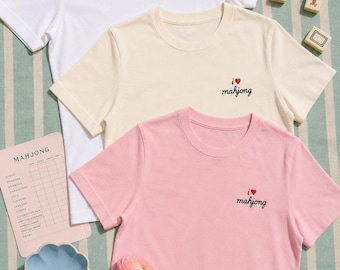 I Heart Mahjong Tee: Embroidered Mah Jong Shirt, Red Cursive Script, Womens Relaxed Fit