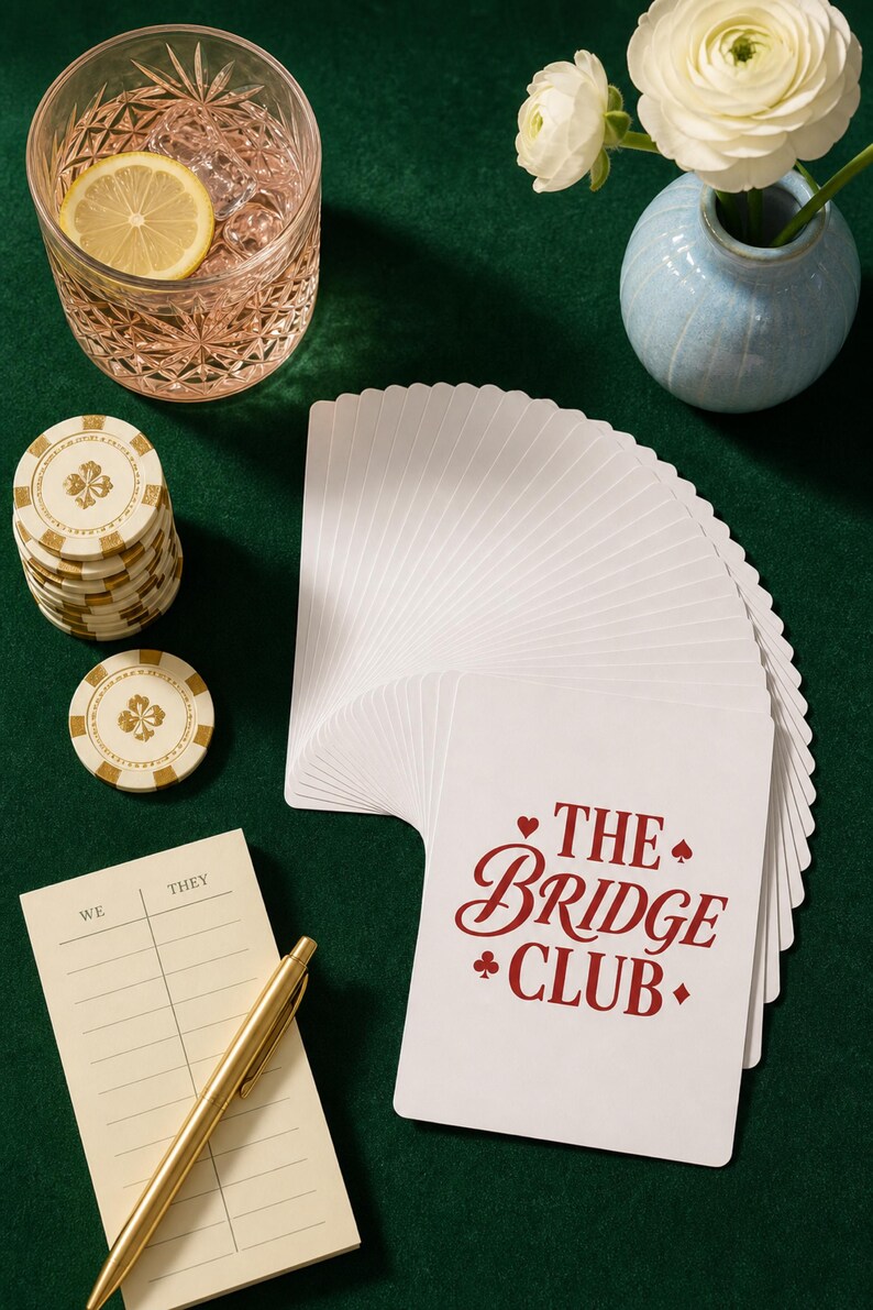 Poker Cards playing card deck fanned wide on green baize — bridge card game gift showing printed card backs with chips, cocktail, and score pad in a preppy editorial flat lay.