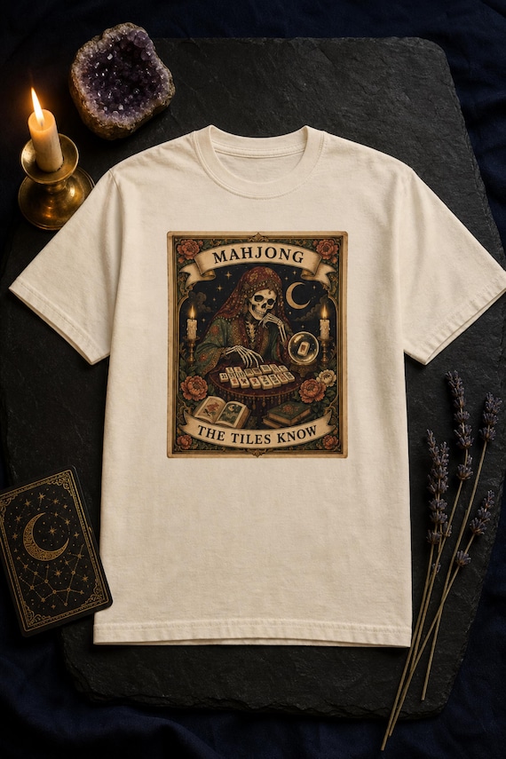 Mahjong Tarot Card Shirt The Tiles Know Skeleton Fortune Teller Comfort Colors Garment Dyed Tee Halloween Game Night Gift detail