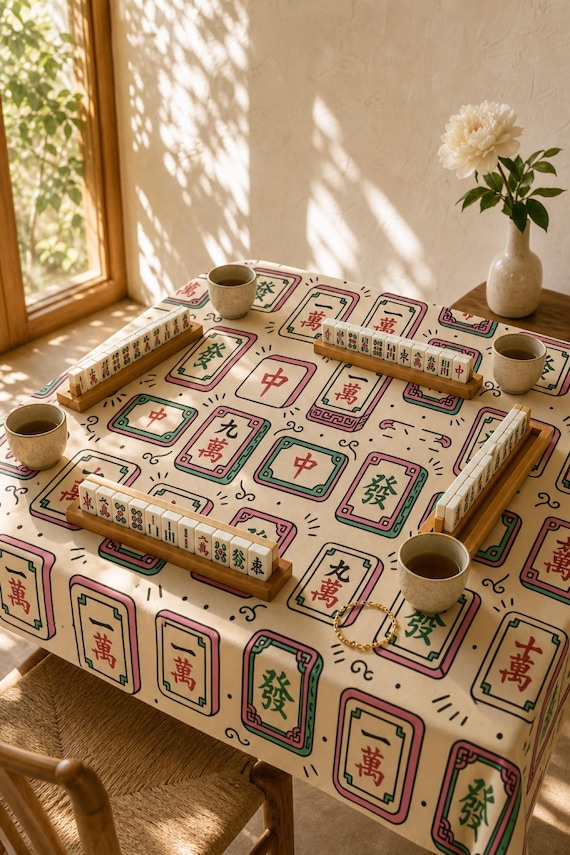 Mahjong Tablecloth Square Tile Print Table Cover Game Night Decor Hostess detail