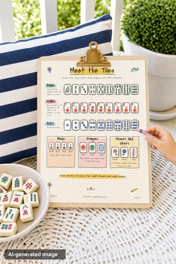 Mini Mahjong Card for Kids: Simplified Printable Game, Beginner Hands, Family Night Star Chart detail