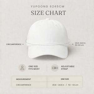 Ask Me About My Audiobook" embroidered dad hat — bookish lifestyle gift for readers and book club women, shown as a clean white adjustable cap with a size chart overlay indicating one-size-fits-most circumference of 20.8–24.8 inches.