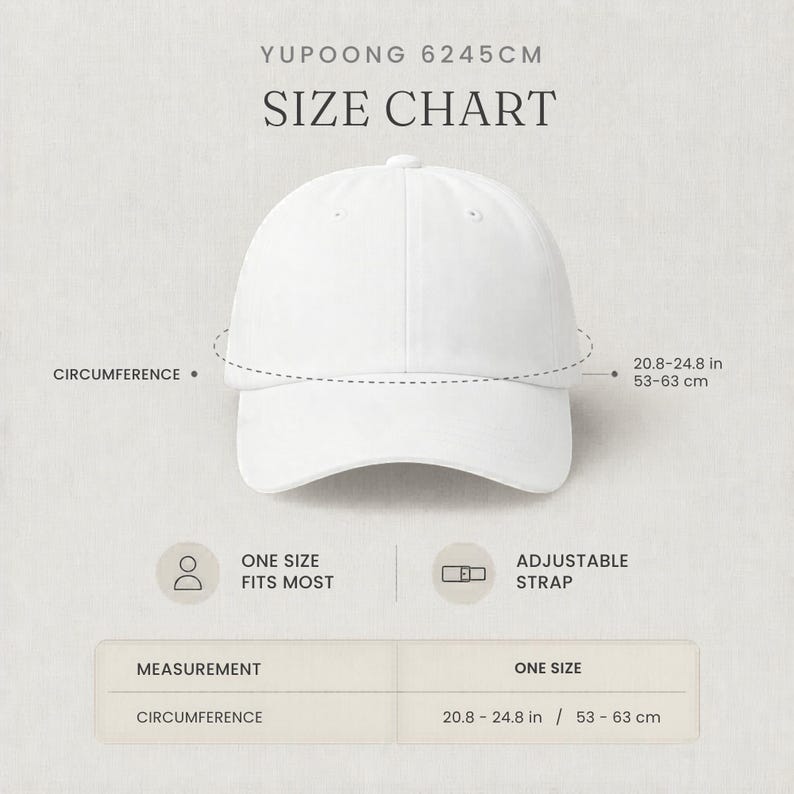Ask Me About My Audiobook" embroidered dad hat — bookish lifestyle gift for readers and book club women, shown as a clean white adjustable cap with a size chart overlay indicating one-size-fits-most circumference of 20.8–24.8 inches.