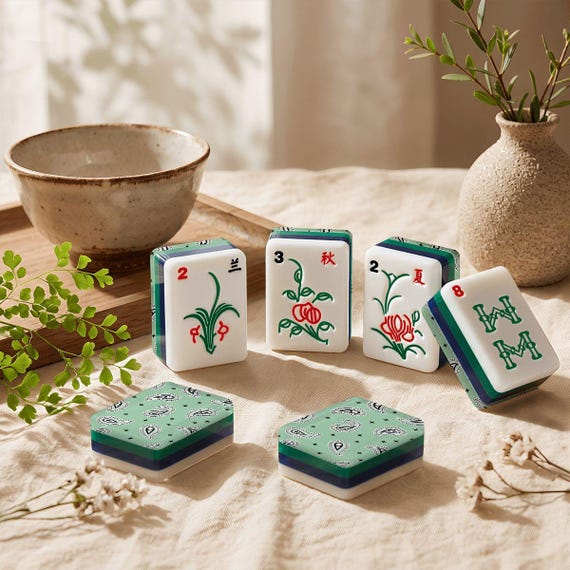 American Mahjong Set: 4 Layer Blue Green Tiles, Bandana Paisley Backs, 166 Pieces with Dice detail