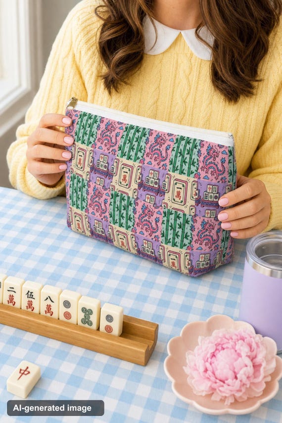Mahjong Tile Bag Canvas Cosmetic Pouch Fits Full Set Preppy Y2K Game Night Travel detail