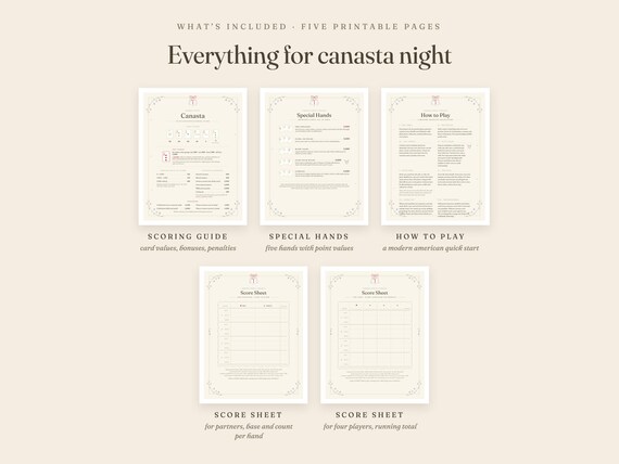 Canasta Score Sheets Printable Modern American Rules Guide US Letter A4 Digital Download detail