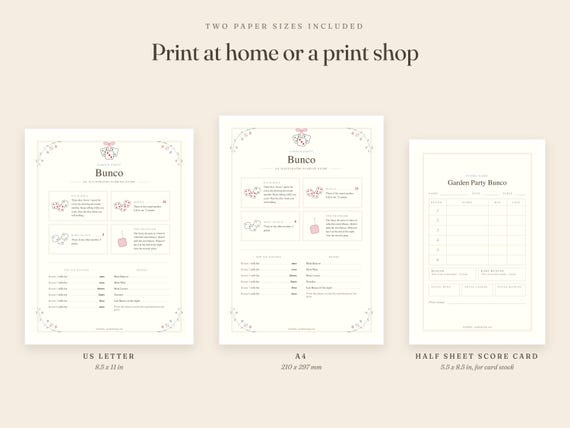 Bunco Score Sheets Printable: Garden Party Host Kit, Table Tally, Rules Guide, Invitation, Letter A4 detail