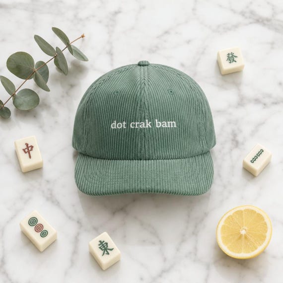 Dot Crak Bam Mahjong Corduroy Hat Embroidered Vintage Cap Game Night Tile Lover detail