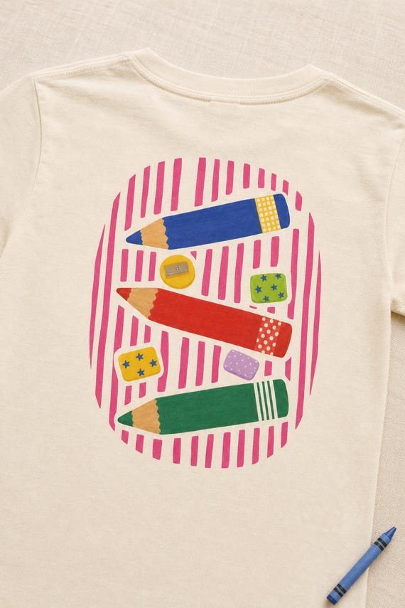 Personalized Back to School Shirt Colored Pencil Youth Tee Custom Name Kids First Day of School Boys Girls Front and Back Print detail