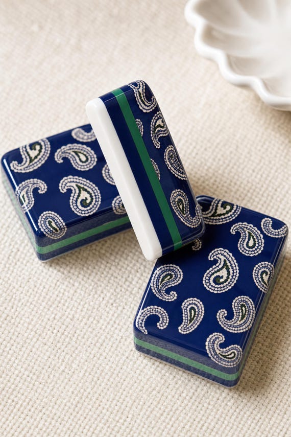 American Mahjong Set: 4 Layer Blue Green Tiles, Bandana Paisley Backs, 166 Pieces with Dice detail