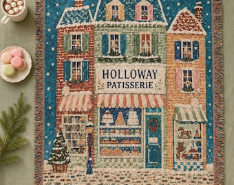 Family Name Blanket: Personalized Woven Cotton Jacquard Throw, Snowy Village Christmas Patisserie, Fringed 50x60