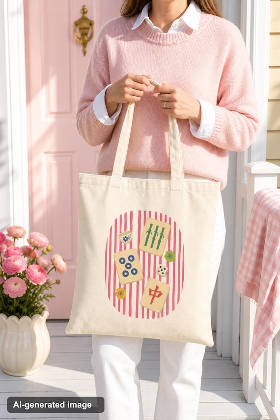 Mahjong Canvas Tote: Good Bams Only Pink Tile Print, Double Sided Natural Cotton detail