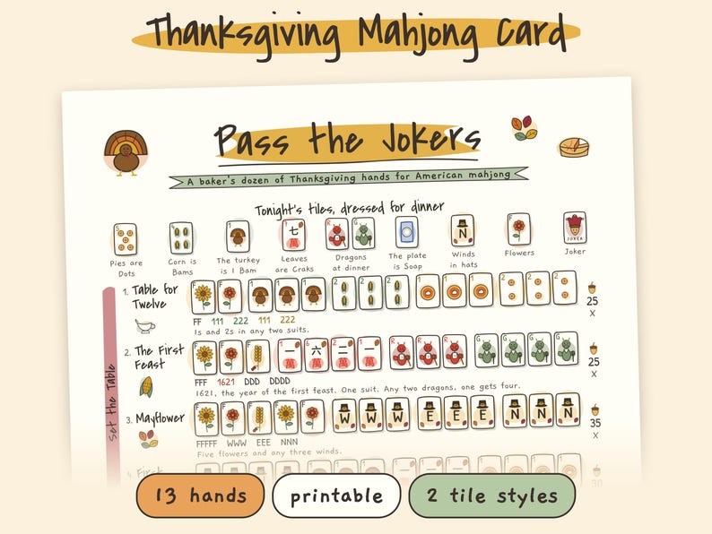 Thanksgiving Mahjong Card: 13 Printable Hands, Friendsgiving Mah Jongg Game Night, Ink Saver