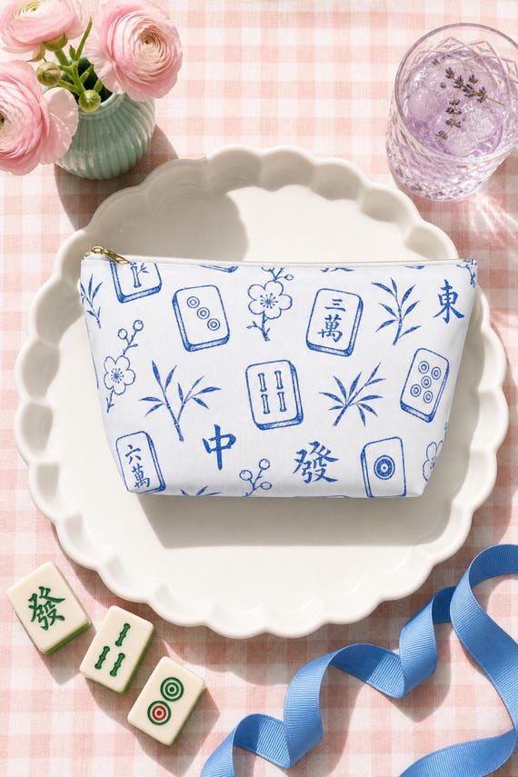 Mahjong Tile Print Makeup Bag Blue White Canvas Cosmetic Pouch Travel Organizer detail