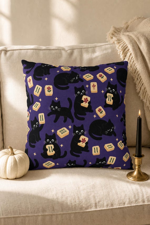 Halloween Mahjong Pillow Cover Black Cat Throw Pillow Case Spooky Cute Game Night Decor Fall Couch Pillowcase Mahjongg Player Gift detail