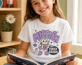 Astronaut Cat First Grade Shirt Kids Space Back to School Tee Youth Boys Girls First Day of School Outfit