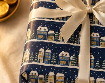 Hanukkah Wrapping Paper: Snowy Village, Menorah Windows, Navy Gift Wrap Roll, 3 Sizes