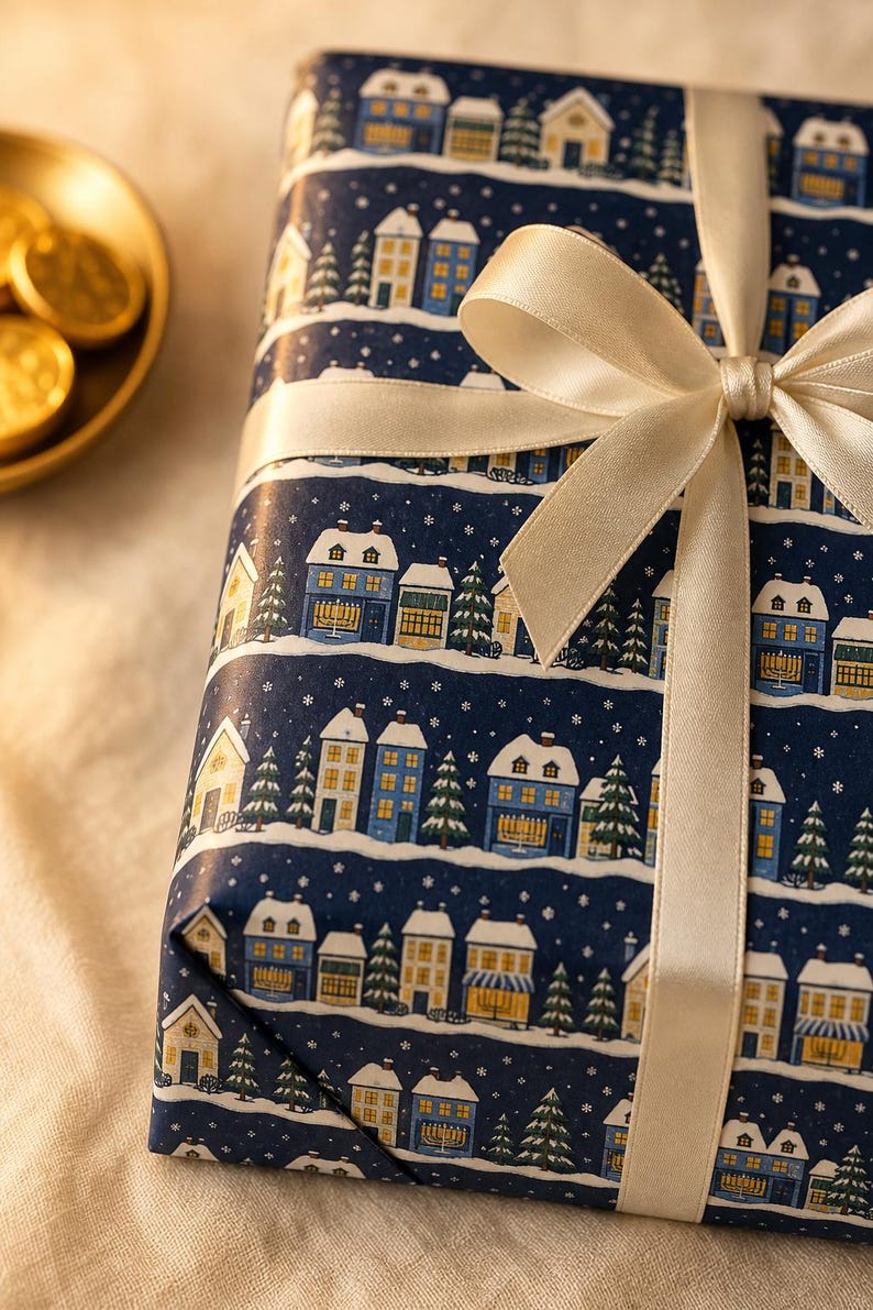 Hanukkah Wrapping Paper: Snowy Village, Menorah Windows, Navy Gift Wrap Roll, 3 Sizes