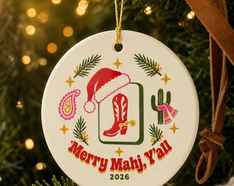 Cowgirl Christmas Ornament: Western Mahjong Tile, Cowboy Boot Cactus Paisley, Ceramic, Personalized Name