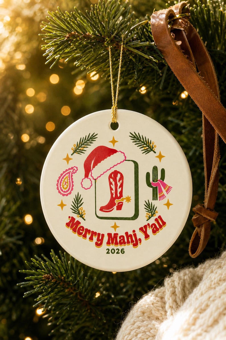 Cowgirl Christmas Ornament: Western Mahjong Tile, Cowboy Boot Cactus Paisley, Ceramic, Personalized Name