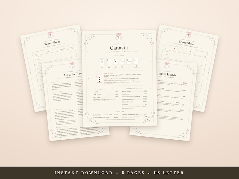 Canasta Score Sheets Printable Modern American Rules Guide US Letter A4 Digital Download