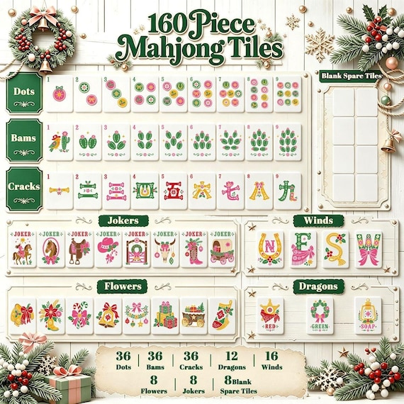 Christmas Mahjong Set: Western Cowgirl American Tiles, Bandana Paisley Backs, 160 Pieces with Dice detail