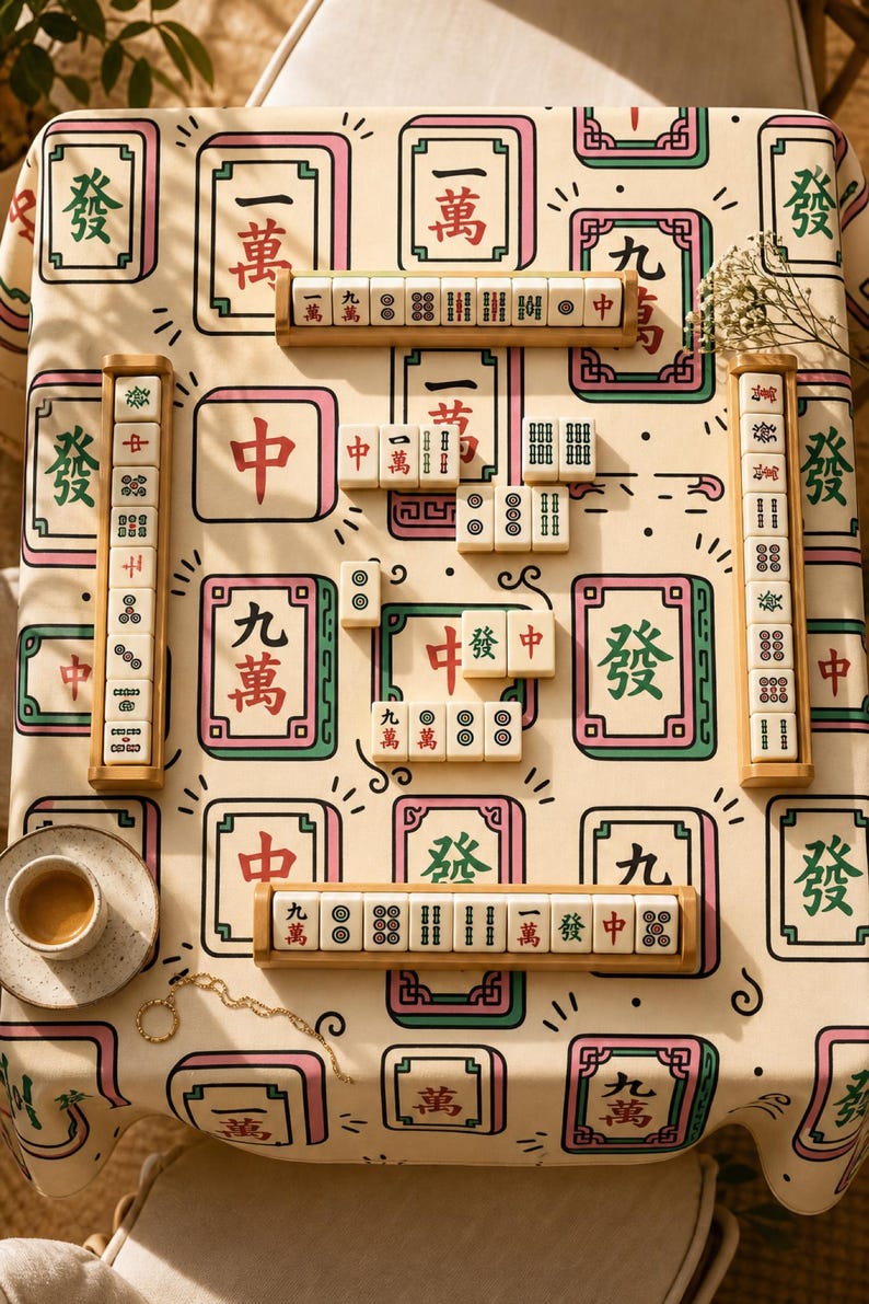 Mahjong Tablecloth Square Tile Print Table Cover Game Night Decor Hostess