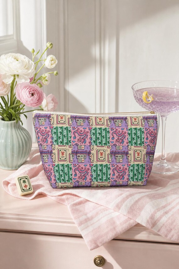 Mahjong Tile Bag Canvas Cosmetic Pouch Fits Full Set Preppy Y2K Game Night Travel detail
